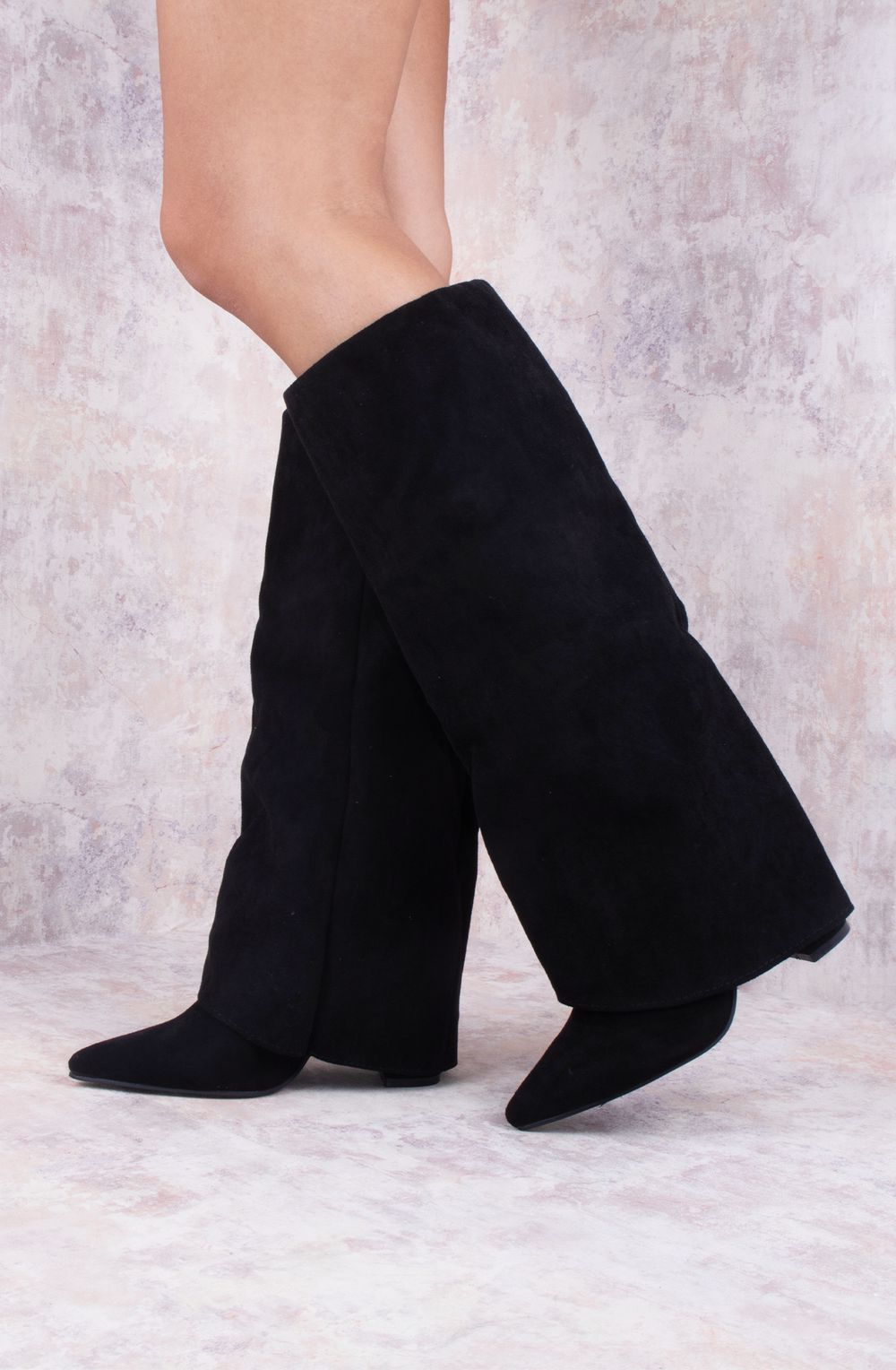 Black Faux Suede Fold Over Shark Classic Knee High Boot